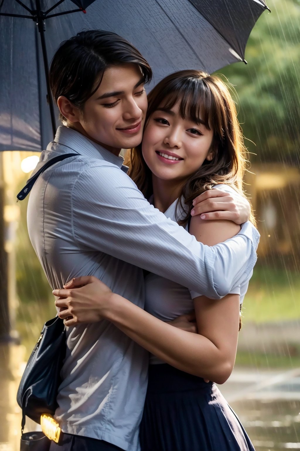 Best Quality, 32k, photorealistic, ultra-detailed, finely detailed, high resolution, perfect dynamic composition, beautiful detailed eyes, sharp-focus, a beautiful school girl, Rain, sharing umbrella, young couple, hugging each other, park
