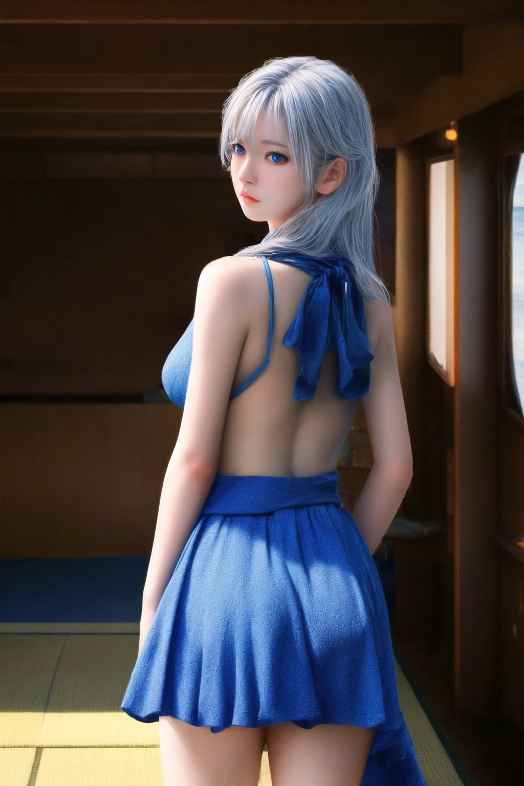 (Top Quality, 8K, High Resolution, masterpiece:1.2), ultra-detailed, realistic, physically based rendering, HDR, colorful lighting, full body, Summer sunshine, girl looking back, , on the ship, silver hair, blue eyes, from below, Japan Hime_cut style