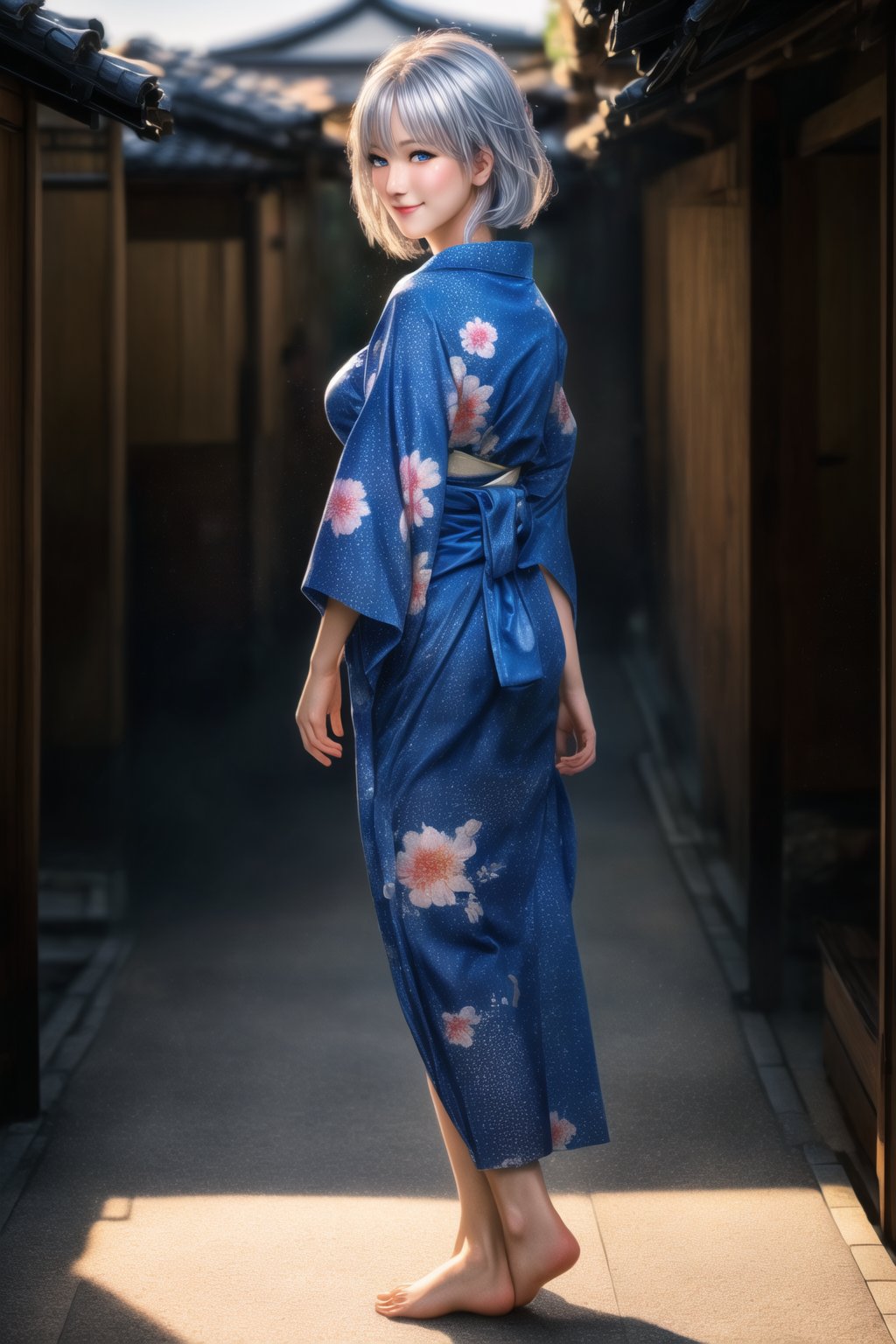 (Top Quality, 8K, High Resolution, masterpiece:1.2), ultra-detailed, realistic, physically based rendering, HDR, colorful lighting, full body, Summer sunshine, girl looking back, silver hair, blue eyes, from below, cute pose, smilling, Kyoto, print_yukata,perfect split lighting