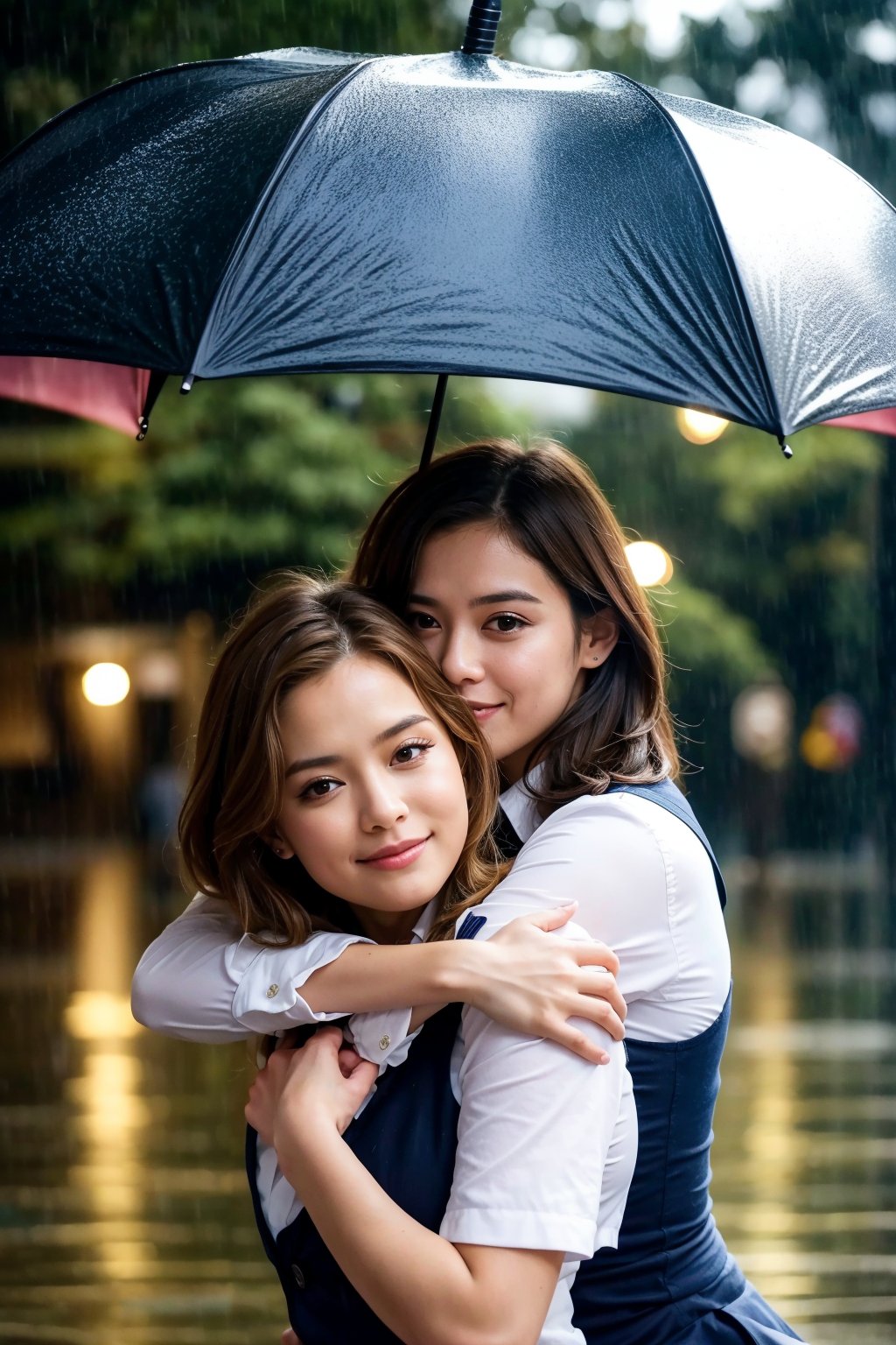 Best Quality, 32k, photorealistic, ultra-detailed, finely detailed, high resolution, perfect dynamic composition, beautiful detailed eyes, sharp-focus, a beautiful school girl, Rain, sharing umbrella, young couple, hugging each other, park
