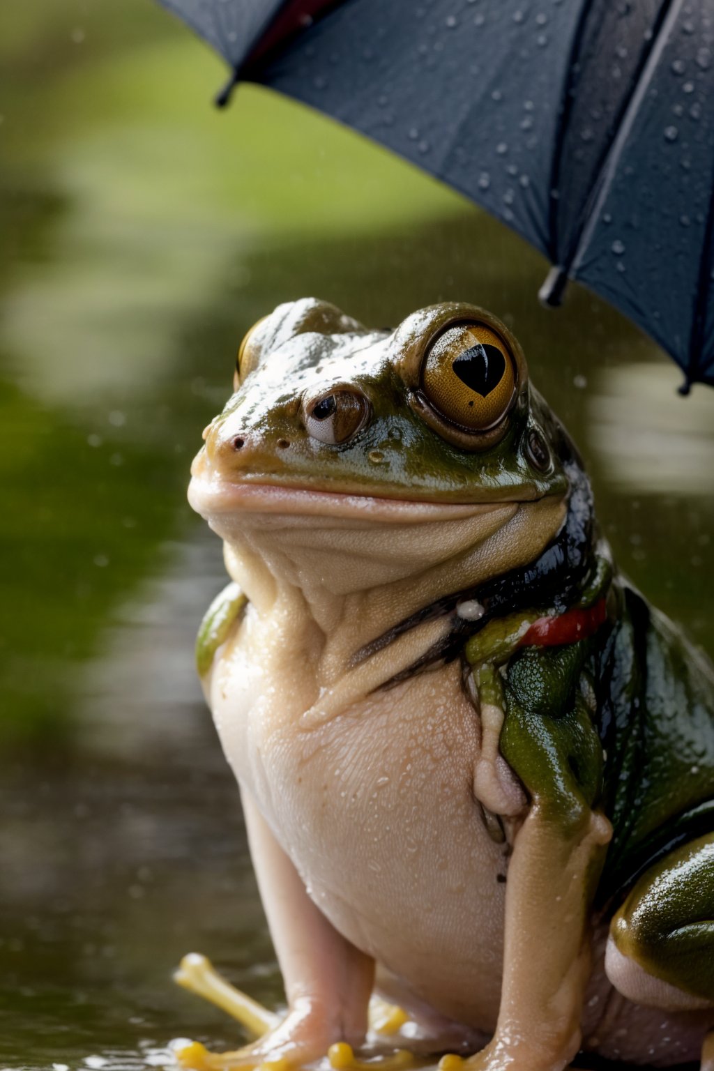 Best Quality, 32k, photorealistic, ultra-detailed, finely detailed, high resolution, perfect dynamic composition, beautiful detailed eyes, sharp-focus, a beautiful school girl, Rainy season, rainy weather, taking shelter from the rain with a frog, Soaking wet