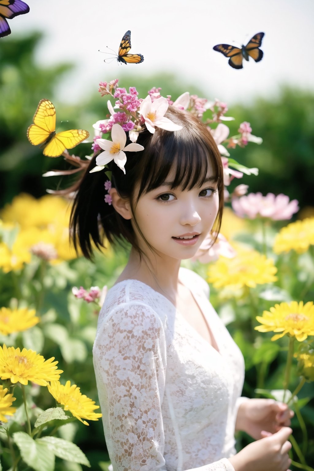 A girl playing with butterflies, a view of beautiful flowers blooming