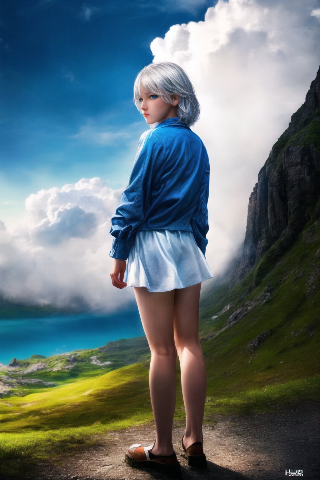 (Top Quality, 8K, High Resolution, masterpiece:1.2), ultra-detailed, realistic, physically based rendering, HDR, colorful lighting, full body, Summer sunshine, girl looking back, silver hair, blue eyes, from below,top of the mountain, sea ​​of ​​clouds