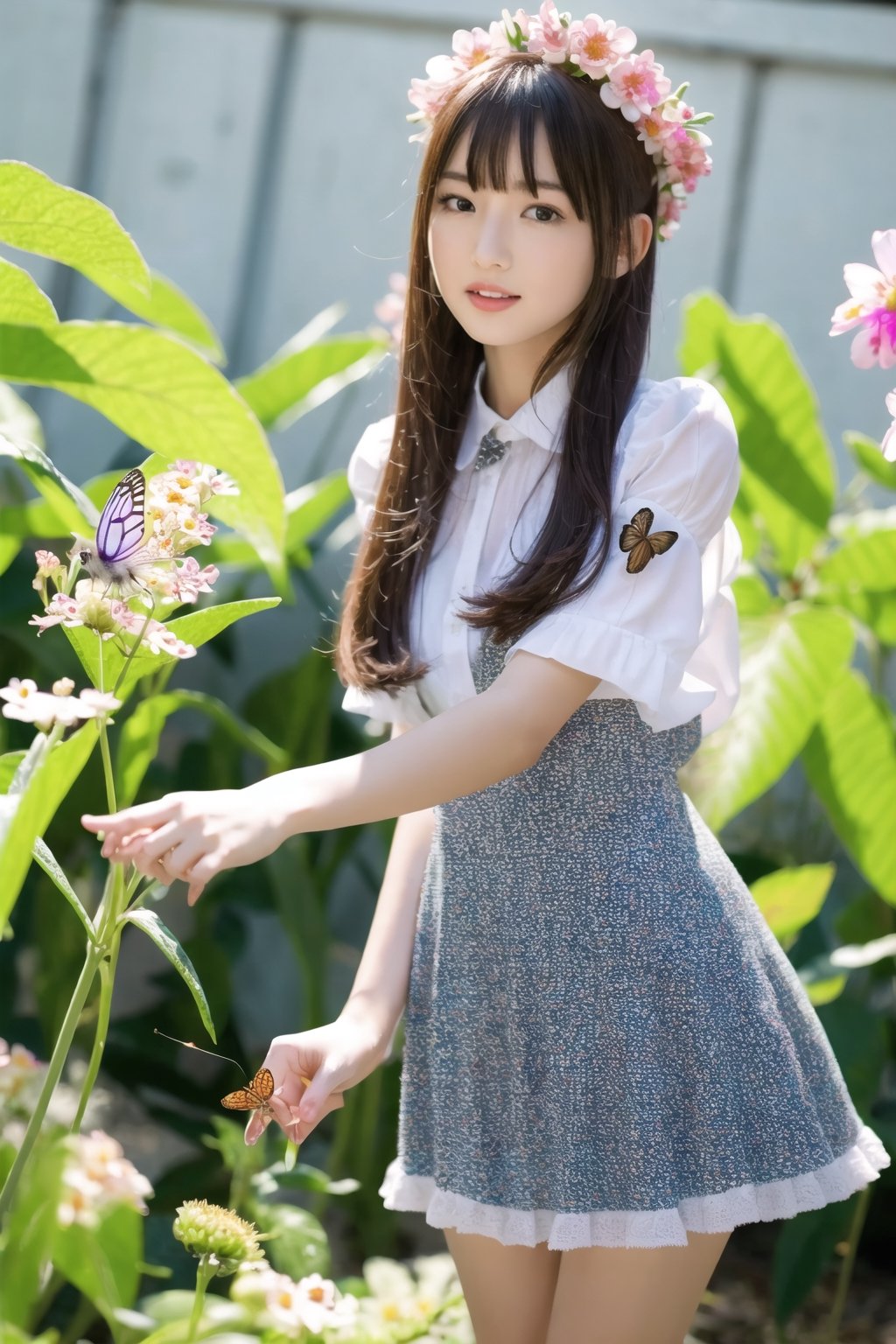 A girl playing with butterflies, a view of beautiful flowers blooming