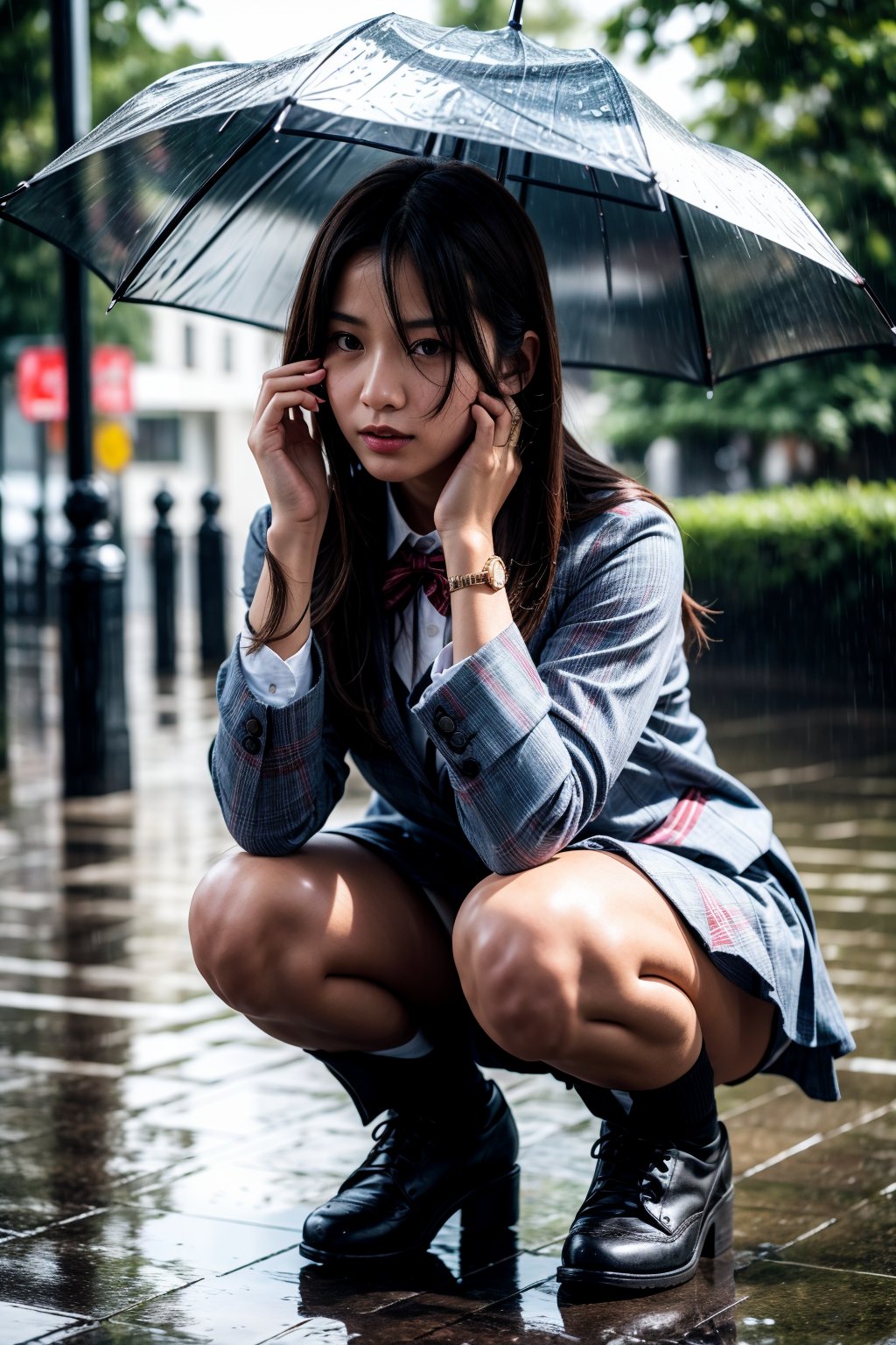 Best Quality, 32k, photorealistic, ultra-detailed, finely detailed, high resolution, perfect dynamic composition, beautiful detailed eyes, sharp, school_uniform, schoolgirl, Soaking wet in the rain, covering one's head with a handkerchief to avoid the rain, crouching down and holding one's head with both hands in fear of thunder,1girl