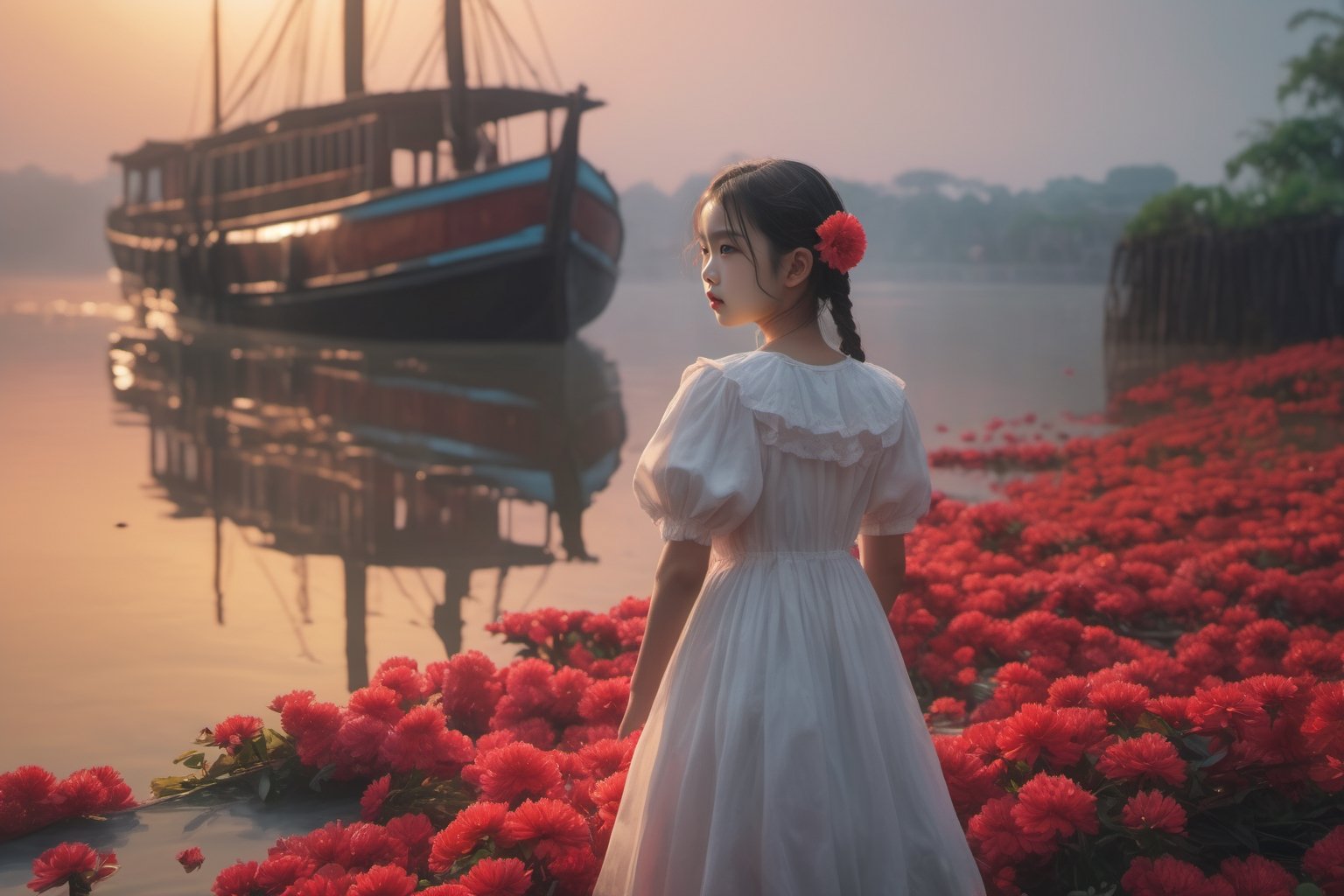 (best quality, 4k, 8K, Hi-Res, Masterpiece: 1.2), Super detailed, (Real, Photorealistic, Photorealistic: 1.37), crisp and clear lighting, Vibrant colors, detailed standing girl, ((creepy boatman)), red mandarin flowers blooming on the shore, white dress, approaching dead ship, ((The border between the living and the dead)), a deep fog,Add more detail,better_hands,hands,little_cute_girl,SDXL,aesthetic portrait