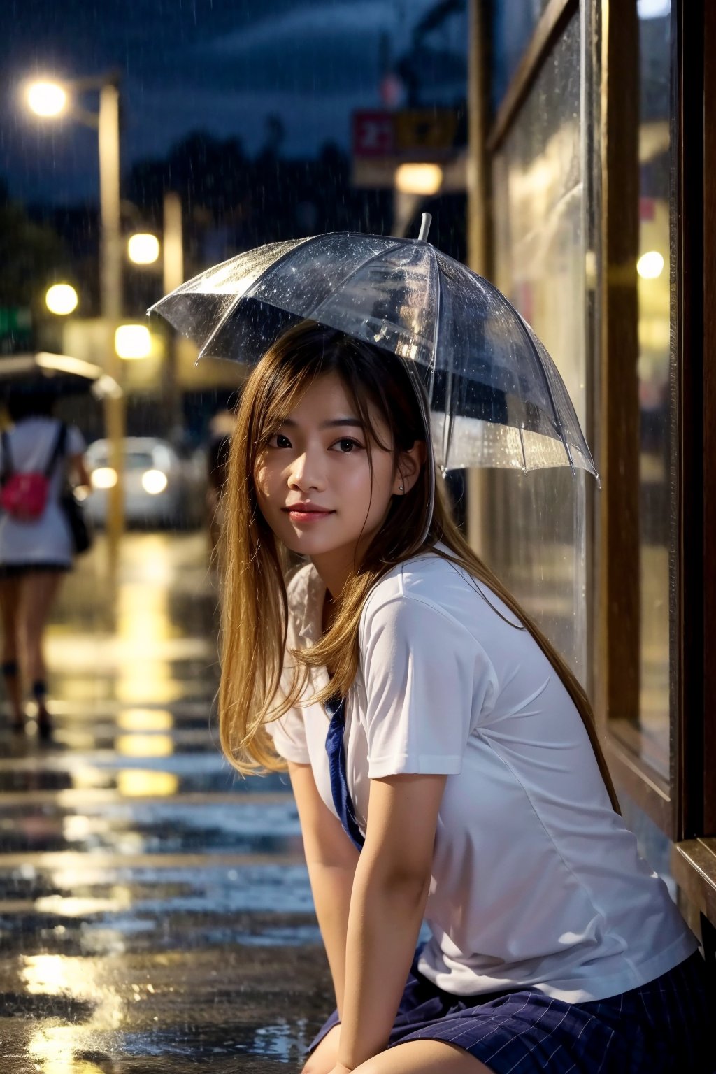 Best Quality, 32k, photorealistic, ultra-detailed, finely detailed, high resolution, perfect dynamic composition, beautiful detailed eyes, sharp-focus, a beautiful school girl, Rainy season, rainy weather, taking shelter from the rain with a frog, Soaking wet, In front of a convenience store