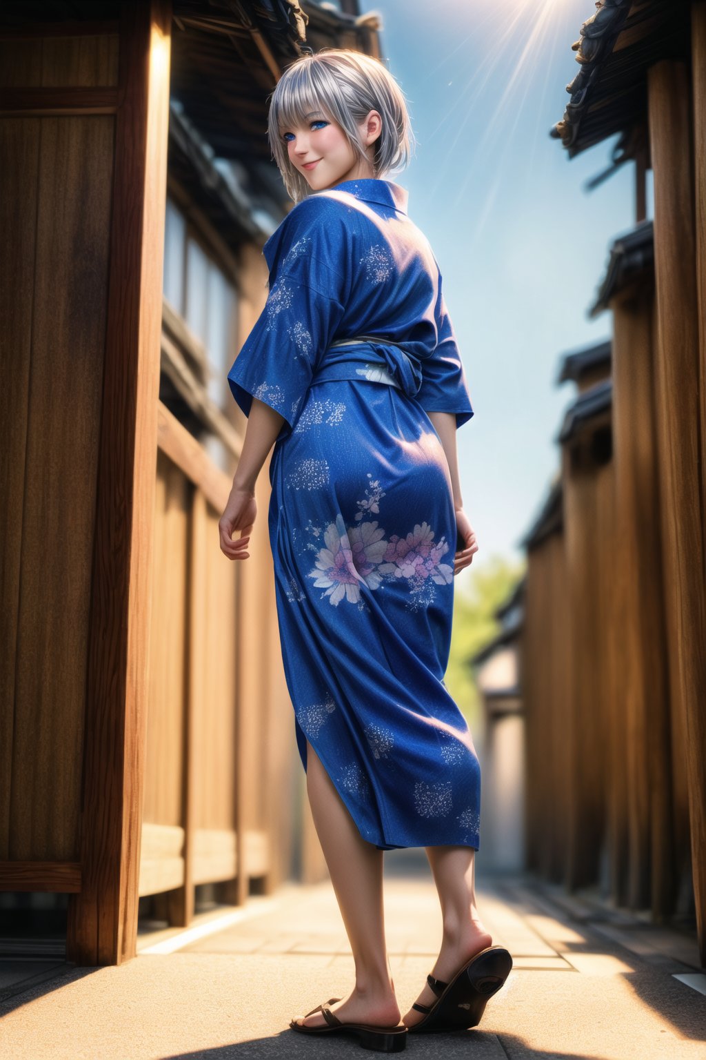 (Top Quality, 8K, High Resolution, masterpiece:1.2), ultra-detailed, realistic, physically based rendering, HDR, colorful lighting, full body, Summer sunshine, girl looking back, silver hair, blue eyes, from below, cute pose, smilling, Kyoto, print_yukata,perfect split lighting