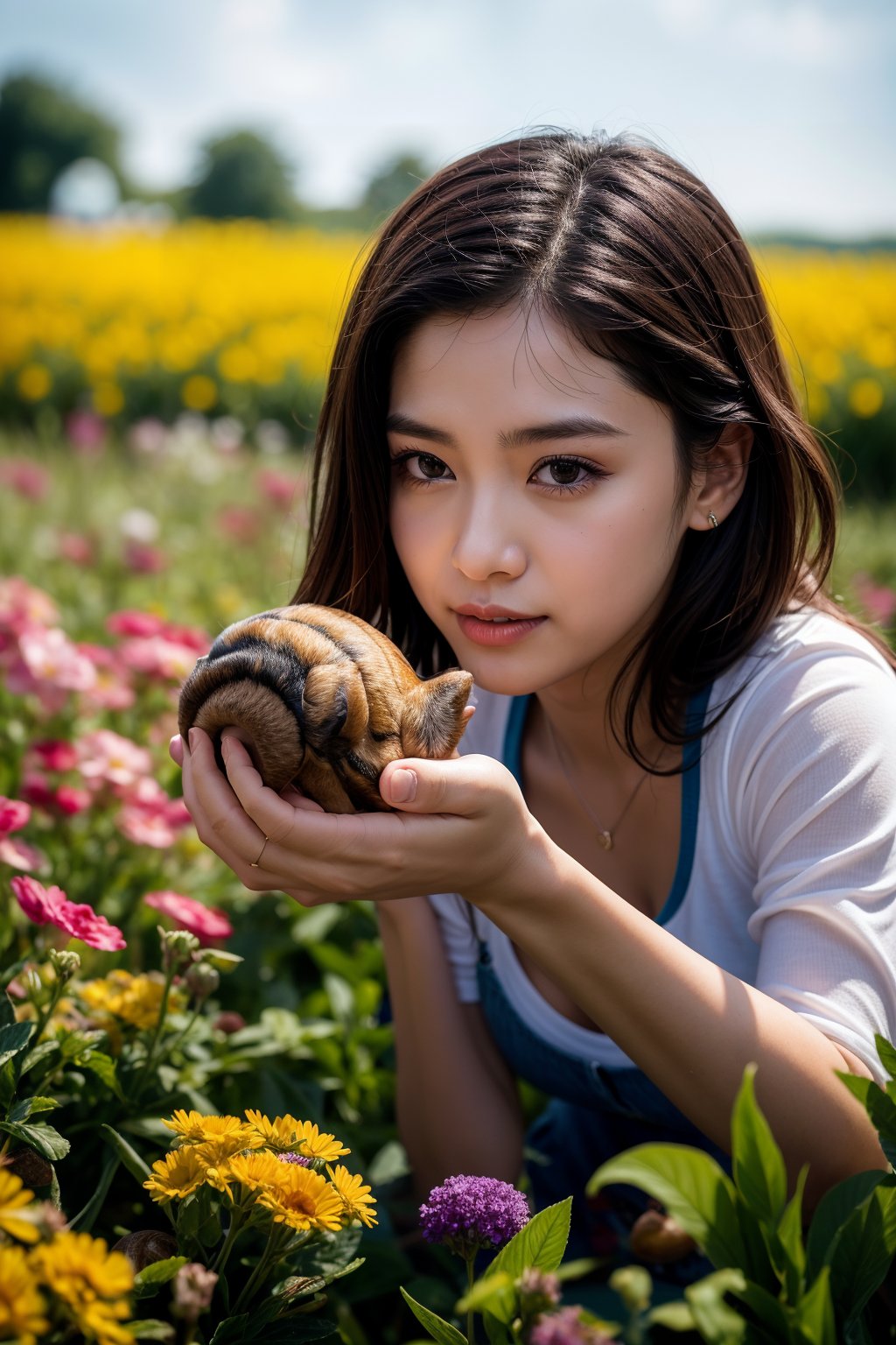 Best Quality, 32k, photorealistic, ultra-detailed, finely detailed, high resolution, perfect dynamic composition, beautiful detailed eyes, sharp, girl playing with big snail in a flower field after the rain, rainbow