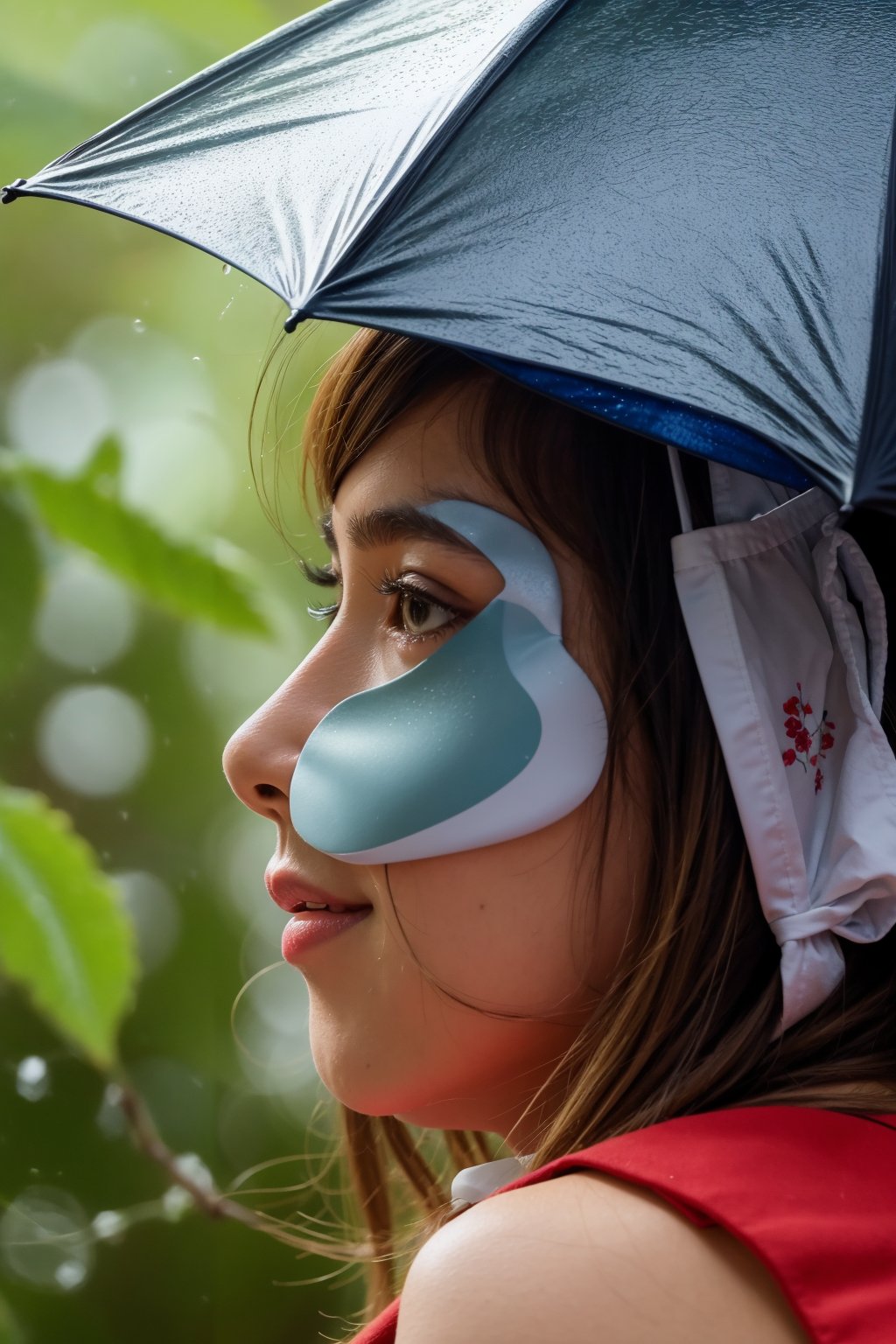 Best Quality, 32k, photorealistic, ultra-detailed, finely detailed, high resolution, perfect dynamic composition, beautiful detailed eyes, sharp-focus, a beautiful school girl, Rainy season, rainy weather, taking shelter from the rain with a frog, Soaking wet