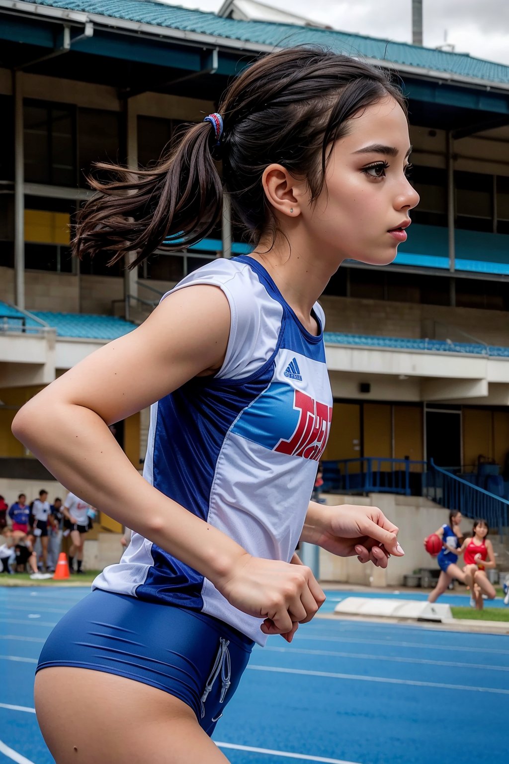 Best Quality, 32k, photorealistic, ultra-detailed, finely detailed, high resolution, perfect dynamic composition, beautiful detailed eyes, sharp,Junior high school student, track and field athlete, 1500m sprint, Competing runners, curve, from the side