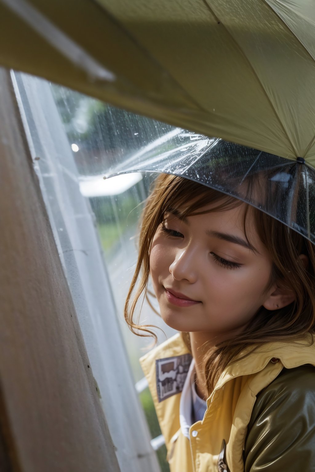 Best Quality, 32k, photorealistic, ultra-detailed, finely detailed, high resolution, perfect dynamic composition, beautiful detailed eyes, sharp-focus, a beautiful school girl, Rainy season, rainy weather, taking shelter from the rain with a frog, Soaking wet