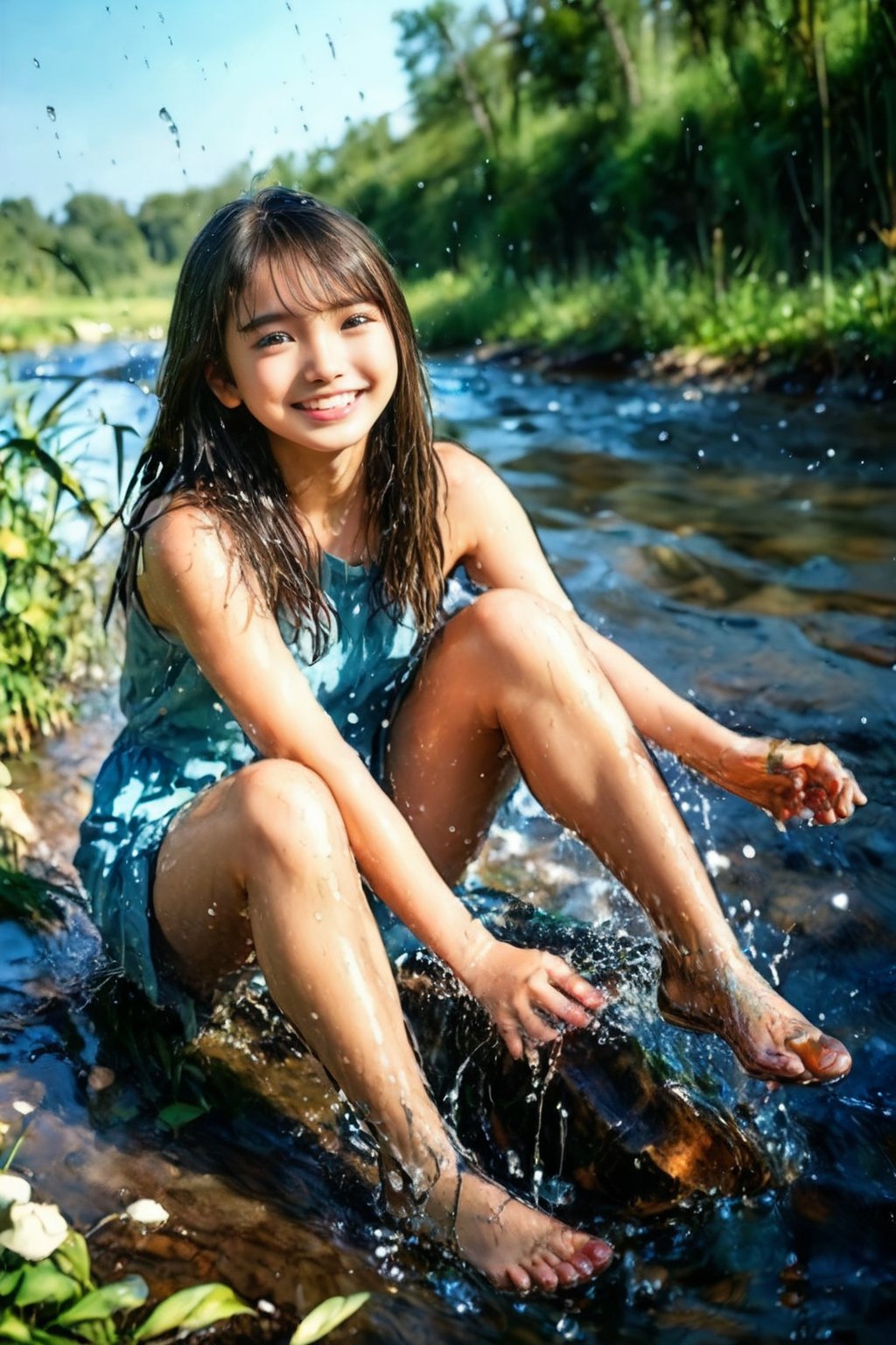 (((masterpiece, realistic, real, detailed, vivid, highly detailed, ultra high resolution, 8k))) young girl sitting on river bank and kicking water with feet, splash,, smiling shyly,