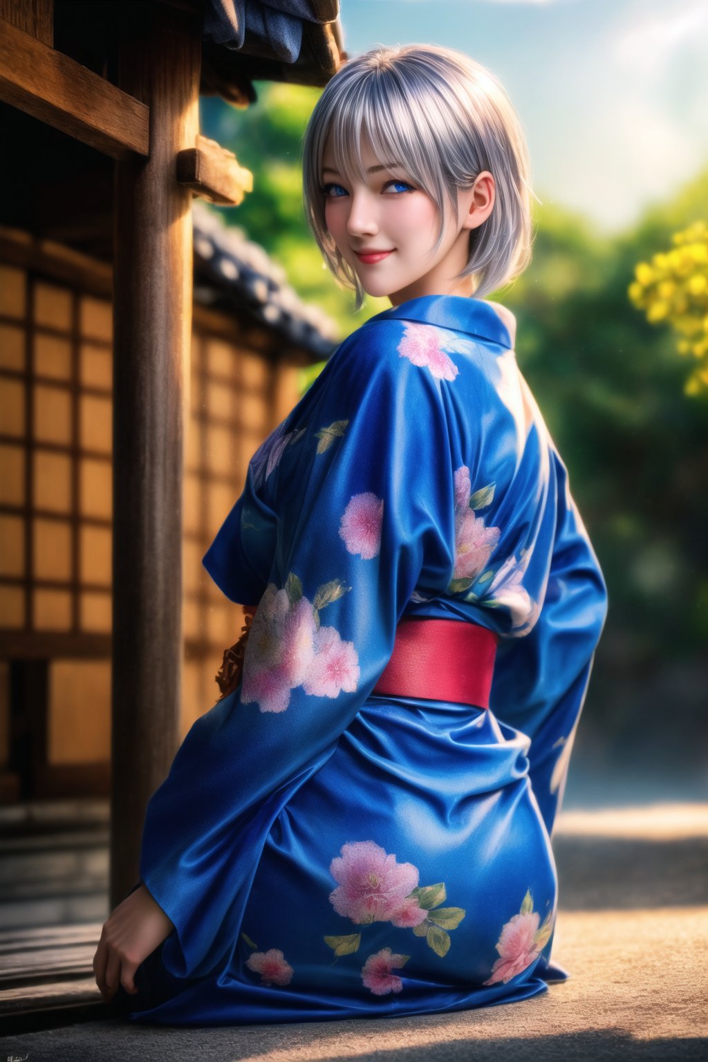 (Top Quality, 8K, High Resolution, masterpiece:1.2), ultra-detailed, realistic, physically based rendering, HDR, colorful lighting, full body, Summer sunshine, girl looking back, silver hair, blue eyes, from below, cute pose, smilling, Kyoto, print_yukata,perfect split lighting