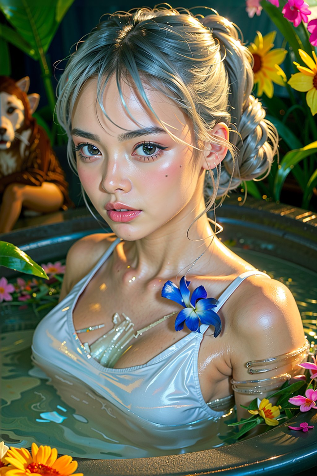 photorealistic, full body picture, detailed facial features, nuanced skin tones, HD, 8k, ultra high definition, intricate details, Ultra realistic, full body, A girl bathing, sweating, silver hair, blue eyes, summer sunshine, flower, monkey