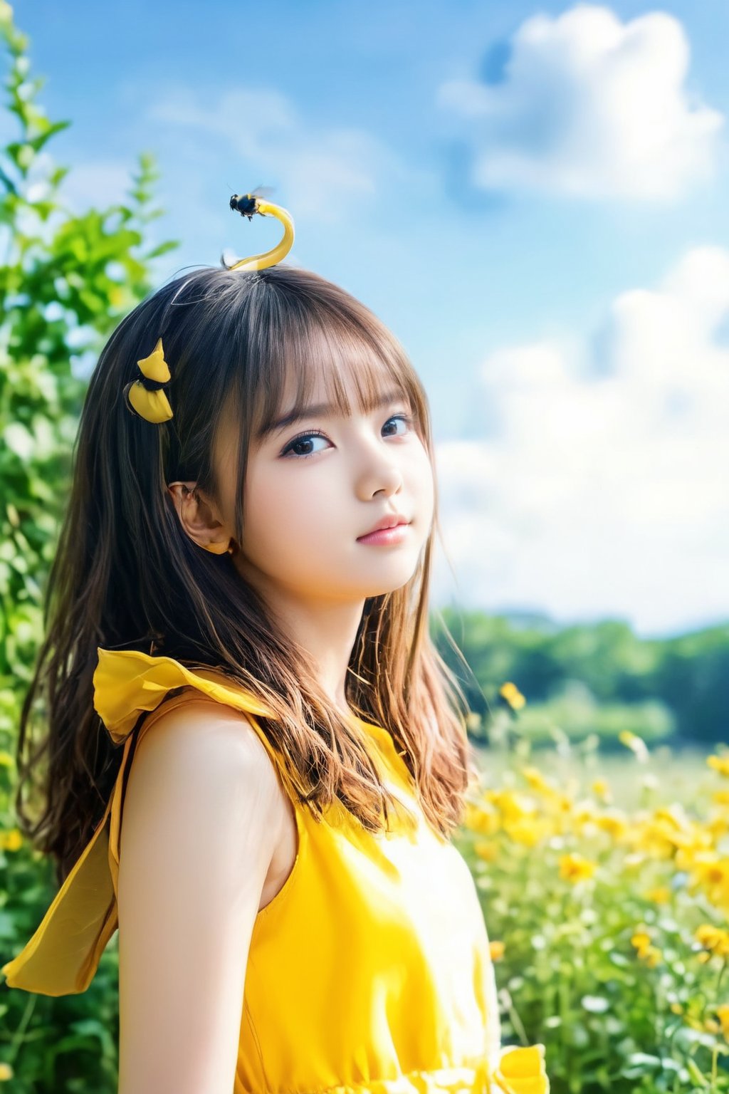 (masterpiece, 8k, photorealistic, RAW photo, best quality, sharp: 1), summer sunshine, A fresh breeze, fluttering hair, outdoor, cute pose, ((A girl cosplaying as a bee)),little_cute_girl