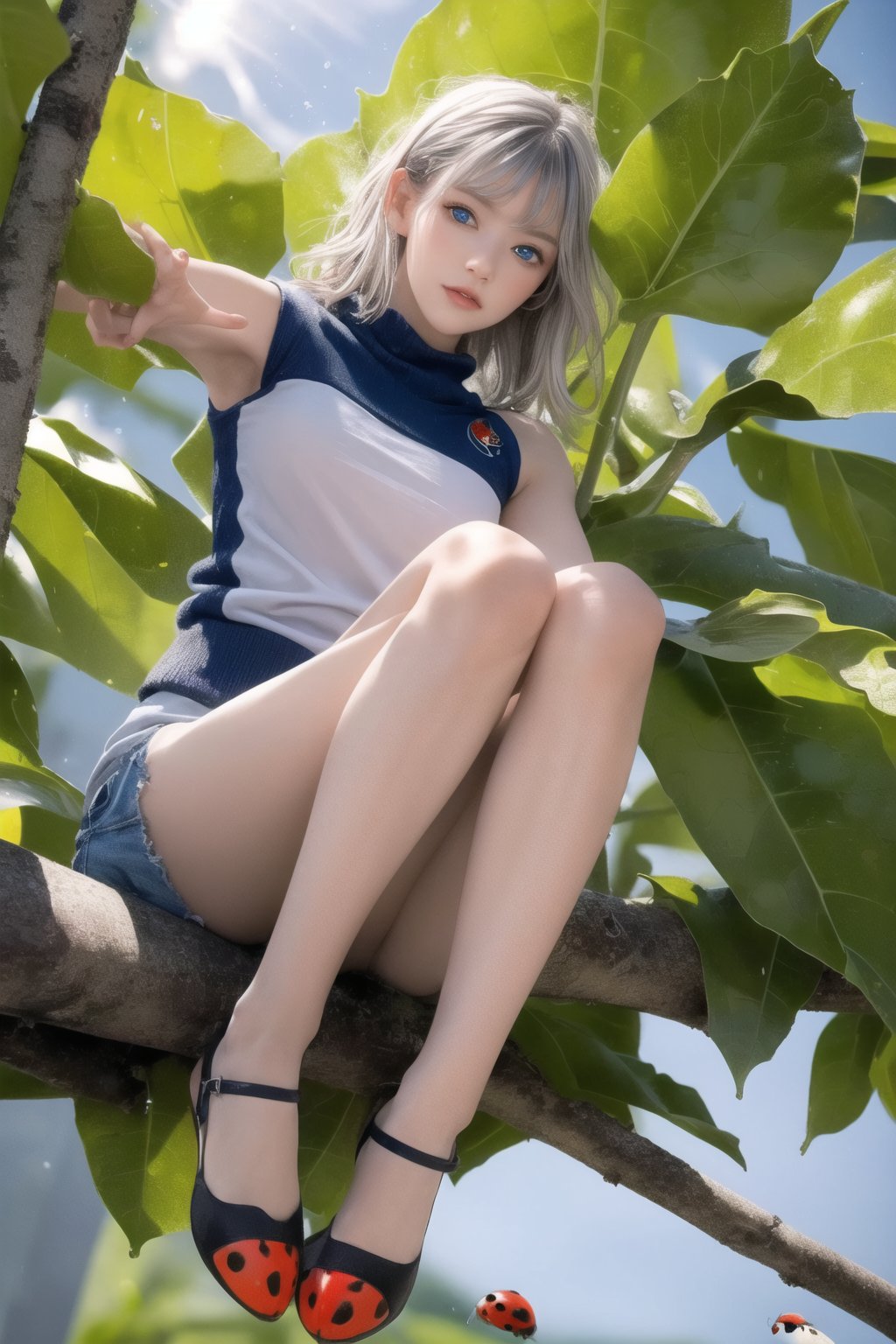 (Top Quality, 8K, High Resolution, masterpiece:1.2), ultra-detailed, realistic, physically based rendering, HDR, colorful lighting, full body, Summer sunshine, silver hair, blue eyes, from below, god ray, (((A Ladybug girl))) , park, cute pose, splash, fractal art, little_cute_girl