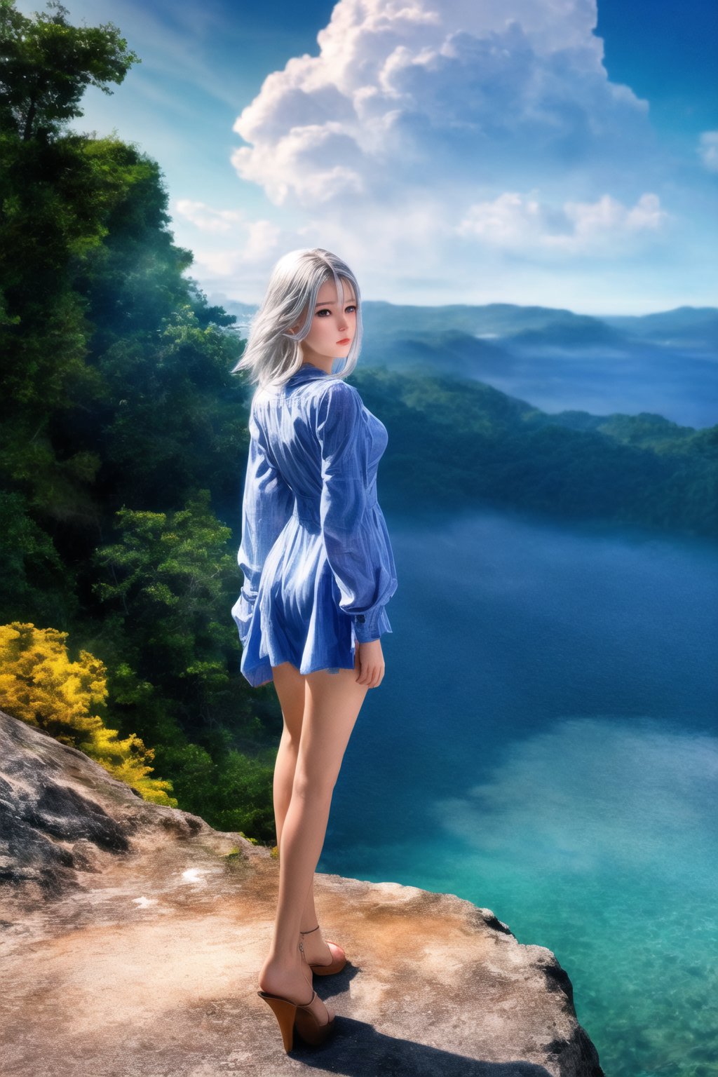 (Top Quality, 8K, High Resolution, masterpiece:1.2), ultra-detailed, realistic, physically based rendering, HDR, colorful lighting, full body, Summer sunshine, girl looking back, silver hair, blue eyes, from below,top of the mountain, sea ​​of ​​clouds