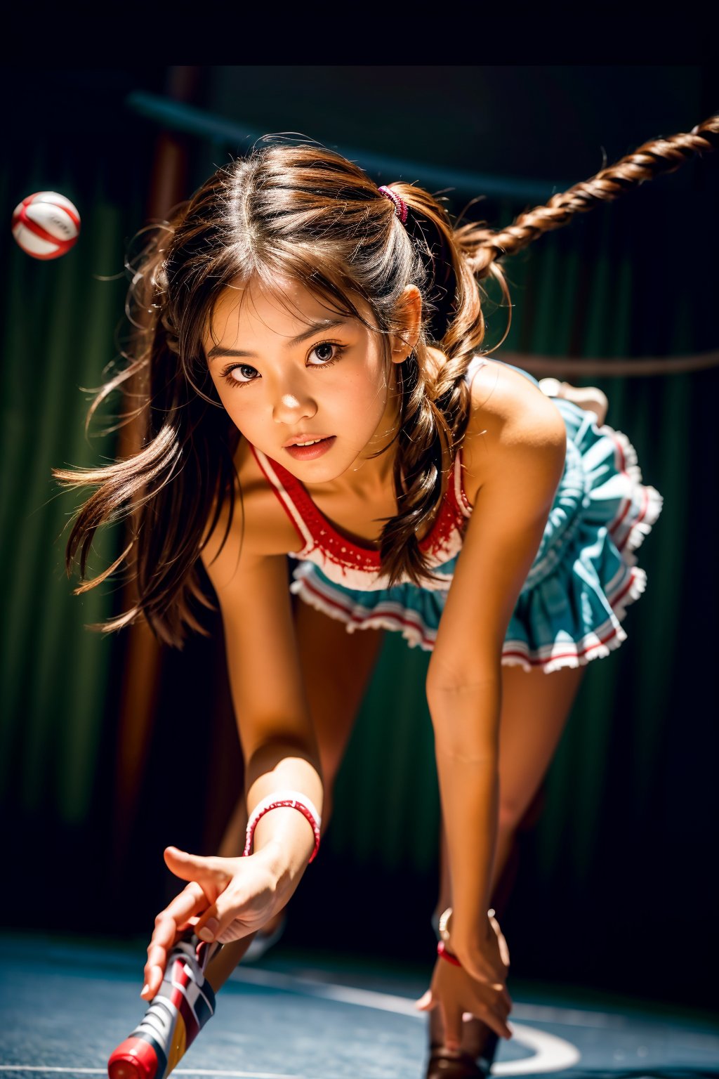(Best Quality:1.4), (Ultra-detailed), (extremely detailed beautiful face), (extremely detailed CG unified 8k wallpaper), High-definition raw color photos, Professional Photography, Girl doing rhythmic gymnastics, catching the ball
dynamic cute pose. full body, from below, cute pose 
