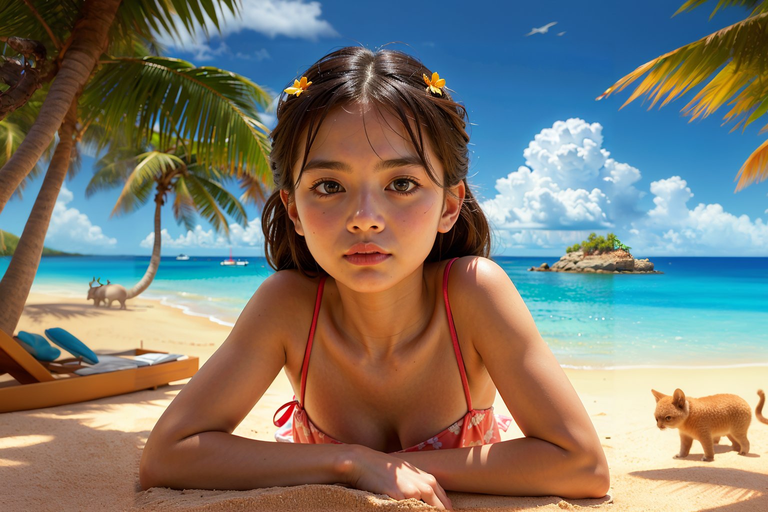 photorealistic, full body picture, detailed facial features, nuanced skin tones, HD, 8k, ultra high definition, intricate details, Ultra realistic, full body, A beautiful girl is sunbathing with animals on a deserted island beach in the summer sun,little_cute_girl