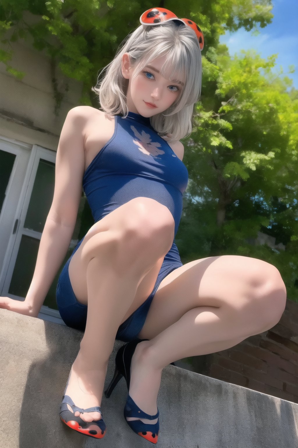 (Top Quality, 8K, High Resolution, masterpiece:1.2), ultra-detailed, realistic, physically based rendering, HDR, colorful lighting, full body, Summer sunshine, silver hair, blue eyes, from below, god ray, (((A Ladybug girl))) , street, cute pose, splash, fractal art, little_cute_girl