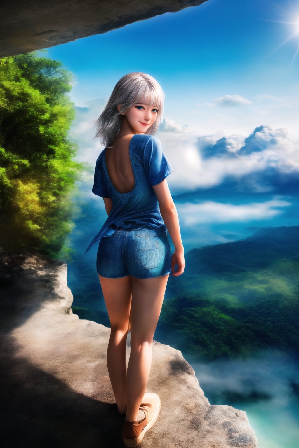 (Top Quality, 8K, High Resolution, masterpiece:1.2), ultra-detailed, realistic, physically based rendering, HDR, colorful lighting, full body, Summer sunshine, girl looking back, silver hair, blue eyes, from below,top of the mountain, sea ​​of ​​clouds, cute   
 pose, smilling