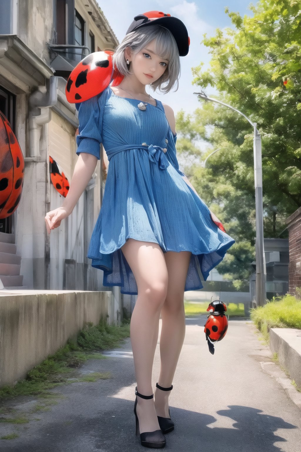 (Top Quality, 8K, High Resolution, masterpiece:1.2), ultra-detailed, realistic, physically based rendering, HDR, colorful lighting, full body, Summer sunshine, silver hair, blue eyes, from below, god ray, (((A Ladybug girl))) , street, cute pose, splash, fractal art, ladybug hat, ladybug earrings, ladybug brooch, ladybug dress, little_cute_girl