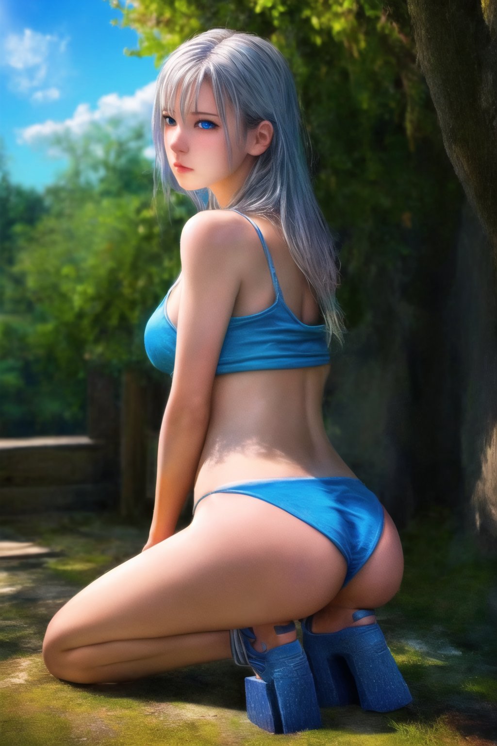 (Top Quality, 8K, High Resolution, masterpiece:1.2), ultra-detailed, realistic, physically based rendering, HDR, colorful lighting, full body, Summer sunshine, girl looking back, silver hair, blue eyes, from below,