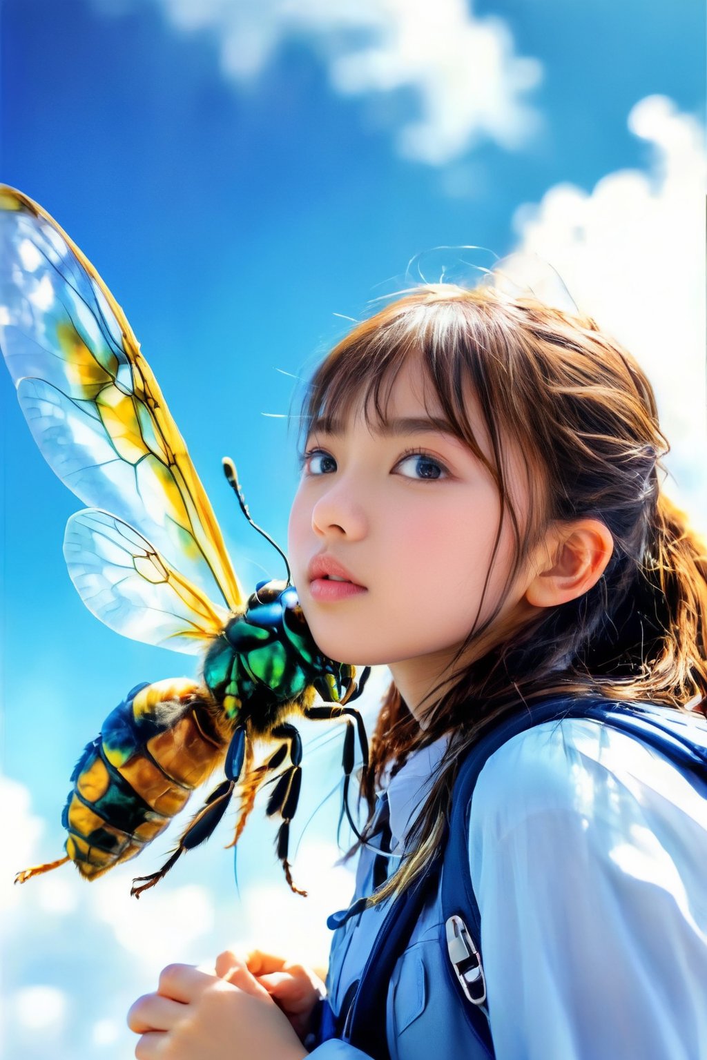 A close-up shot of a young girl perched on the back of a massive, iridescent hornet as it flies through a clear blue sky. The sun casts a warm glow, illuminating the delicate patterns on the insect's body. The girl holds onto the hornet's thorax with one hand and grips her backpack with the other. Her school uniform is slightly ruffled from the wind, and a determined look is etched on her face. The composition is centered around the girl and the hornet, with the surrounding landscape blurred to emphasize their unique relationship.