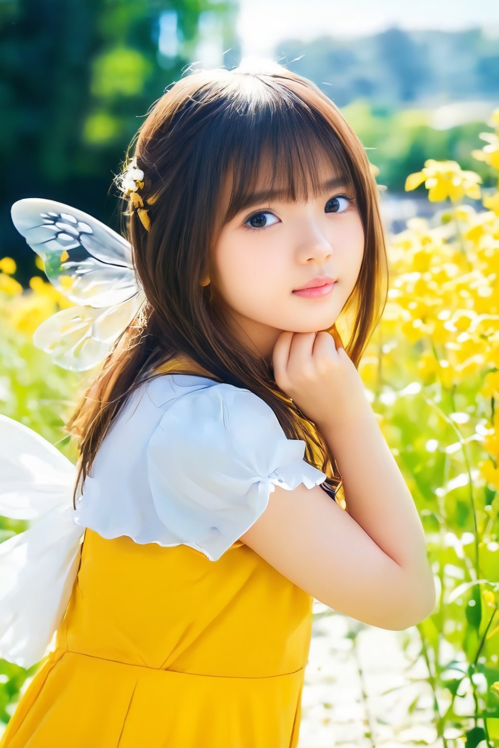 (masterpiece, 8k, photorealistic, RAW photo, best quality, sharp: 1), summer sunshine, A fresh breeze, fluttering hair, outdoor, cute pose, ((A girl cosplaying as a bee)),little_cute_girl