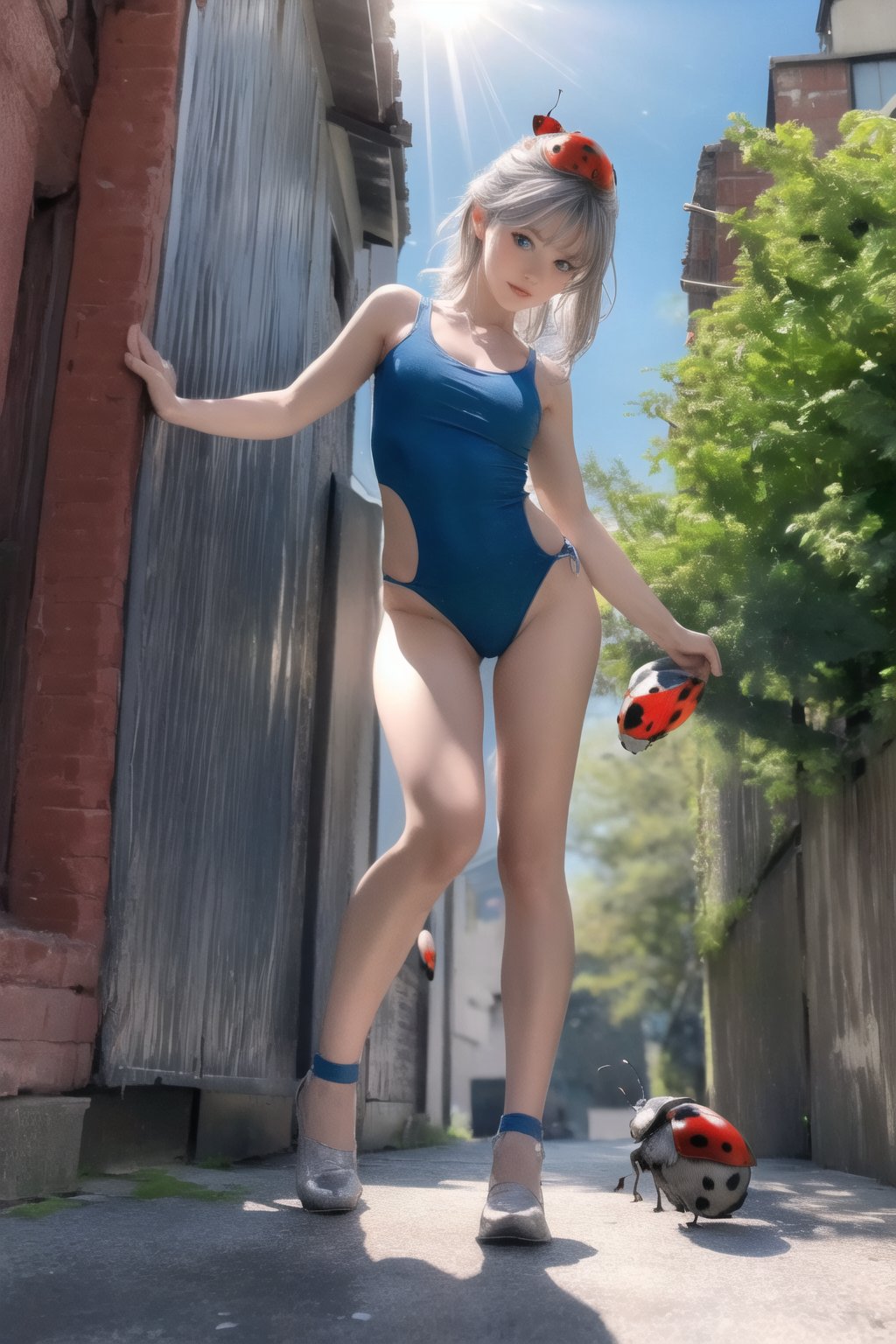 (Top Quality, 8K, High Resolution, masterpiece:1.2), ultra-detailed, realistic, physically based rendering, HDR, colorful lighting, full body, Summer sunshine, silver hair, blue eyes, from below, god ray, (((A Ladybug girl))) , street, cute pose, splash, fractal art, little_cute_girl