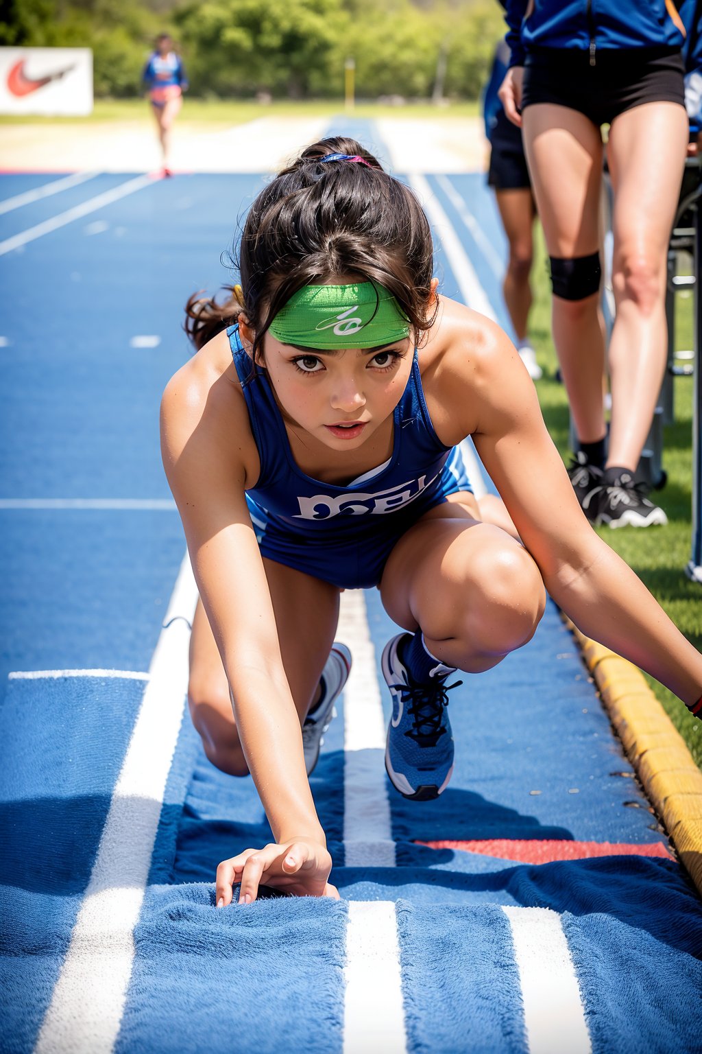 Best Quality, 32k, photorealistic, ultra-detailed, finely detailed, high resolution, perfect dynamic composition, beautiful detailed eyes, sharp,Junior high school student, track and field athlete, crouching start, 100m sprint, the moment she kicks off the starting block and starts running