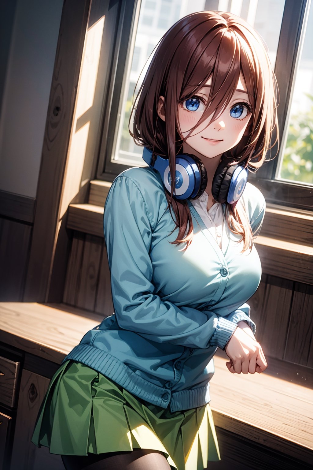 ((masterpiece, 8k, RAW, ultra realistic)), dynamic view, dutch angle, miku nakano, nakano_miku_ecsta, having breakfast before school, long hair, bangs, blue eyes, brown hair, shirt, hair between eyes, big smile, headphones,  (BLUE CARDIGAN), white shirt, GREEN SKIRT, black pantyhose, headphones around neck,
,MIKU NAKANO,nakano_miku_ecsta,masterpiece