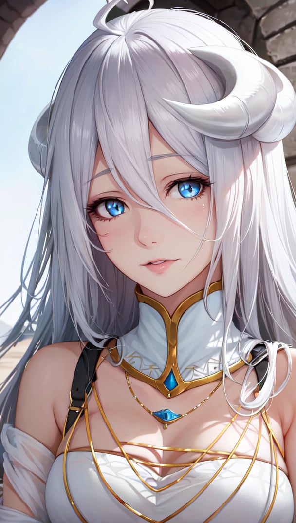 albedodef,1girl,white hair,blue eyes,Black horns,medium_breasts,highres, sharp focus, pixiv masterpiece, ((intricate details)), highly detailed,black wings, 