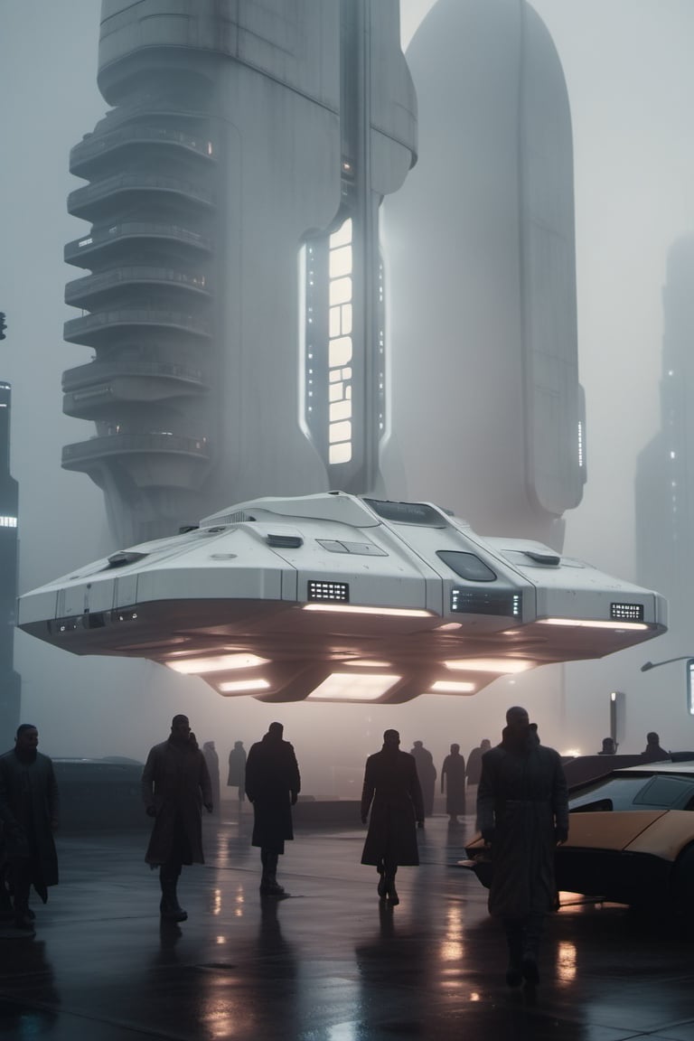 close-up of a futuristic white spaceship in the middle of dystopian city during an overcast day, atmosphere is dark and ominous, with a misty environment and low contrast muted color tones. shot on a 500mm zoom lens, with a shallow depth of field, creating a lens flare,  background is a silhouette of buildings, shrouded in atmospheric fog, dramatic lighting, cinematic asthetic, captured in 4K UHD, captivating visuals, inspired by blade runner 2049 movie still,more detail XL