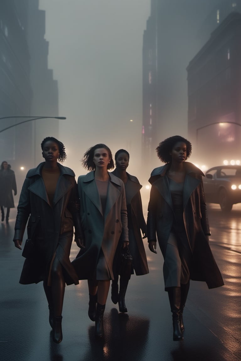 candid, extreme closeup shot of young women crossing road in the dystopian city during an overcast day, atmosphere is dark and ominous, with a misty environment and low contrast muted color tones. shot on a 500mm zoom lens, with a shallow depth of field, creating a lens flare,  background is a silhouette of buildings, shrouded in atmospheric fog, dramatic lighting, cinematic asthetic, captured in 4K UHD, captivating visuals, inspired by blade runner 2049 movie still,more detail XL