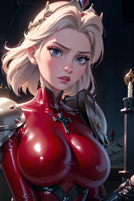 face, close up, eyes, close up latex suit. Elsa, , mistress, a dominant look, big boobs, crop in hand, hands, arms, cross, armour, sword, crown, mean expression,