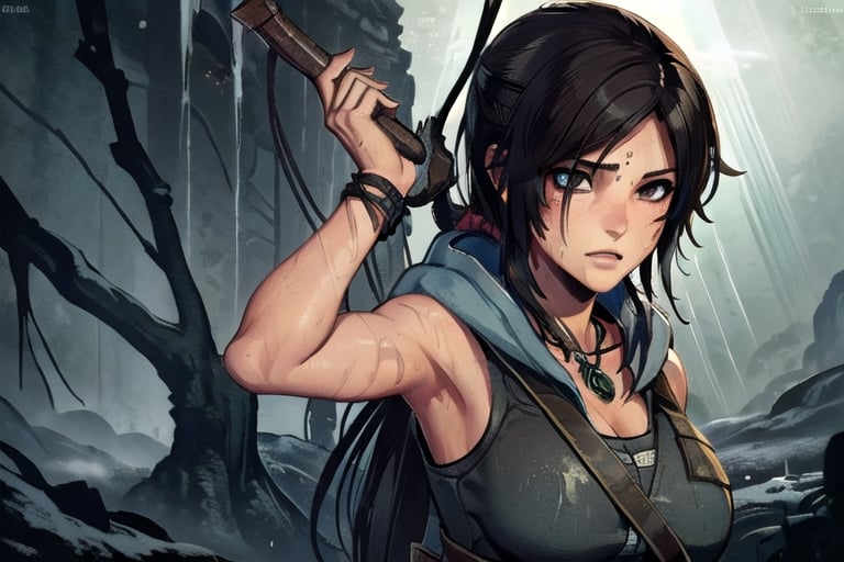 1 tomb raider, lara, photo of perfecteyes eyes, survivor, hero,  shipwrecks, bow drawn, aiming, close up,perfecteyes eyes, hero, survivor, hero, jungle, hooded, assassin, tactual,  snow, rain, jungle, ruins, tomb, lighting, bust, stealth, sexy, nude, clean, knife