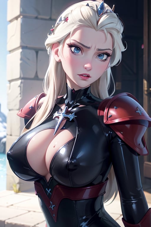 face, close up, eyes, close up latex suit. Elsa, , mistress, a dominant look, big boobs, crop in hand, hands, arms, cross, armour, sword, crown, mean expression,