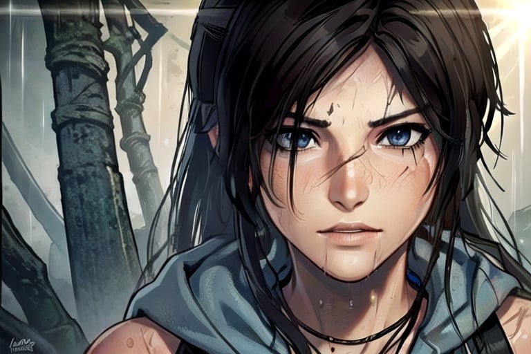 1 tomb raider, lara, photo of perfecteyes eyes, survivor, hero,  shipwrecks, bow drawn, aiming, close up,perfecteyes eyes, hero, survivor, hero, jungle, hooded, assassin, tactual,  snow, rain, jungle, ruins, tomb, lighting, bust, stealth, sexy, nude, clean, knife