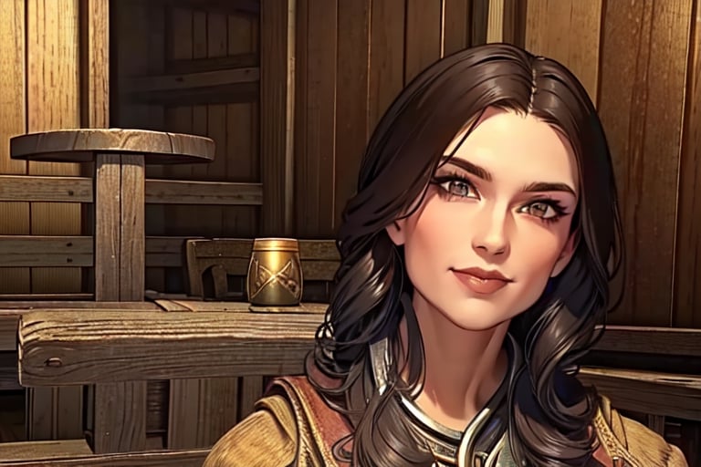 1 girl, close up, smile, close up, wooden walls, wooden pillars, Taven, table, tankard, armour, sword, paintings, torch, sword, inn, drinking, ale, mead, chairs, tables, music, open fire,