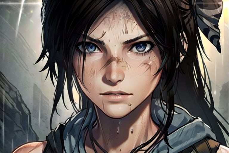 1 tomb raider, lara, photo of perfecteyes eyes, survivor, hero,  shipwrecks, bow drawn, aiming, close up,perfecteyes eyes, hero, survivor, hero, jungle, hooded, assassin, tactual,  snow, rain, jungle, ruins, tomb, lighting, bust, stealth, sexy, nude, clean, knife