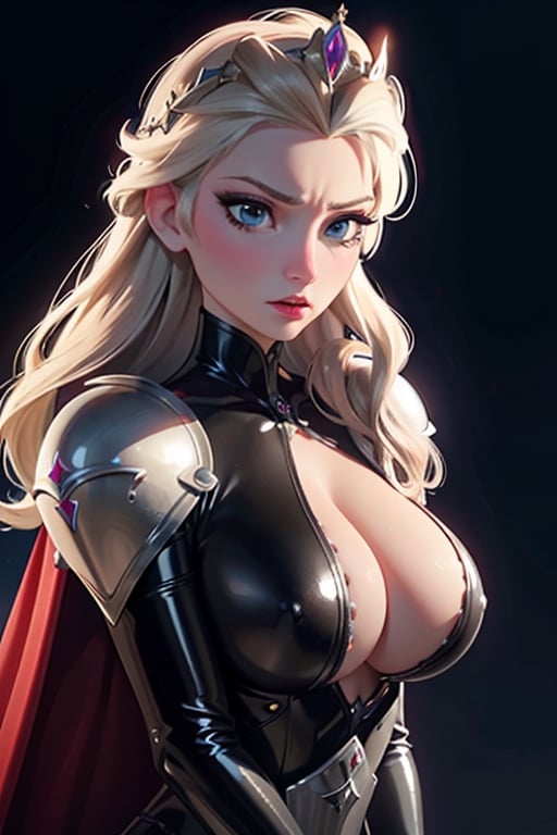 face, close up, eyes, close up latex suit. Elsa, , mistress, a dominant look, big boobs, crop in hand, hands, arms, cross, armour, sword, crown, mean expression,