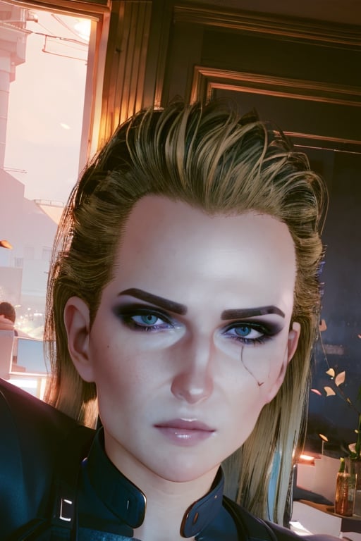 1 girl, close up, blonde hair, blue eyes, future apartment bedroom. bed,  selfie, sexy face, roses, petals, bed, wine, sexy, harness, date, bed, bed sheets, black pillows, cyberpunk, future