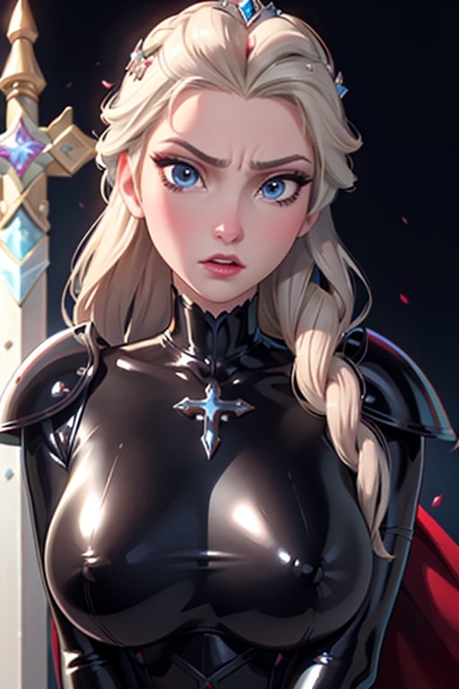 face, close up, eyes, close up latex suit. Elsa, , mistress, a dominant look, big boobs, crop in hand, hands, arms, cross, armour, sword, crown, mean expression,