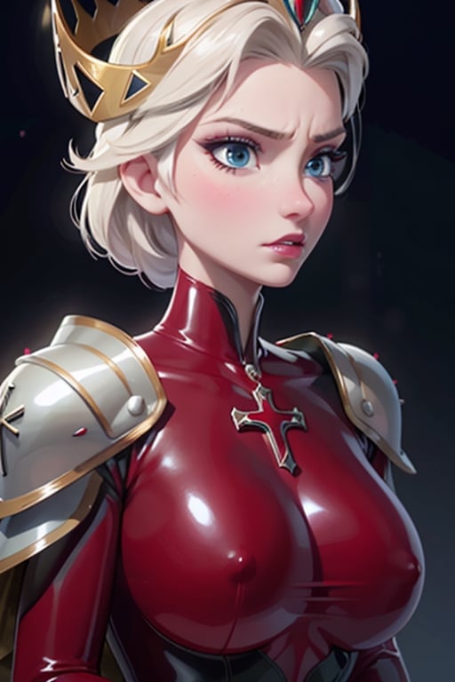 face, close up, eyes, close up latex suit. Elsa, , mistress, a dominant look, big boobs, crop in hand, hands, arms, cross, armour, sword, crown, mean expression,