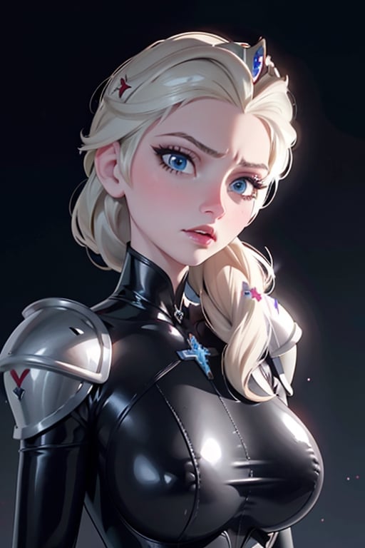 face, close up, eyes, close up latex suit. Elsa, , mistress, a dominant look, big boobs, crop in hand, hands, arms, cross, armour, sword, crown, mean expression,