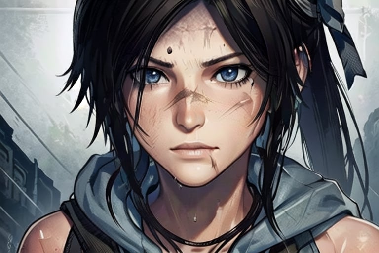 1 tomb raider, lara, photo of perfecteyes eyes, survivor, hero,  shipwrecks, bow drawn, aiming, close up,perfecteyes eyes, hero, survivor, hero, jungle, hooded, assassin, tactual,  snow, rain, jungle, ruins, tomb, lighting, bust, stealth, sexy, nude, clean, knife