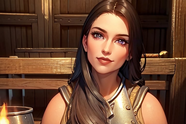 1 girl, close up, smile, close up, wooden walls, wooden pillars, Taven, table, tankard, armour, sword, paintings, torch, sword, inn, drinking, ale, mead, chairs, tables, music, open fire,photo of perfecteyes eyes