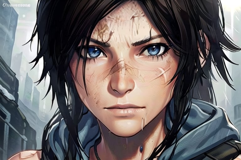 1 tomb raider, lara, photo of perfecteyes eyes, survivor, hero,  shipwrecks, bow drawn, aiming, close up,perfecteyes eyes, hero, survivor, hero, jungle, hooded, assassin, tactual,  snow, rain, jungle, ruins, tomb, lighting, bust, stealth, sexy, nude, clean, knife